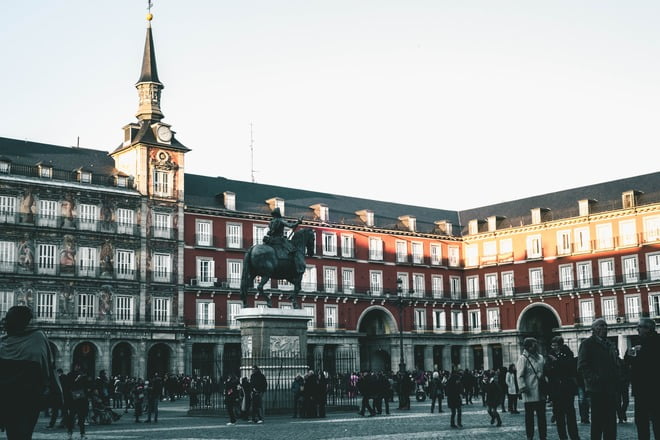 Plaza mayor Madirid: is one of the most iconic and historic squares in Madrid, Spain. At the center of the plaza stands a magnificent equestrian statue of King Philip III, the monarch.