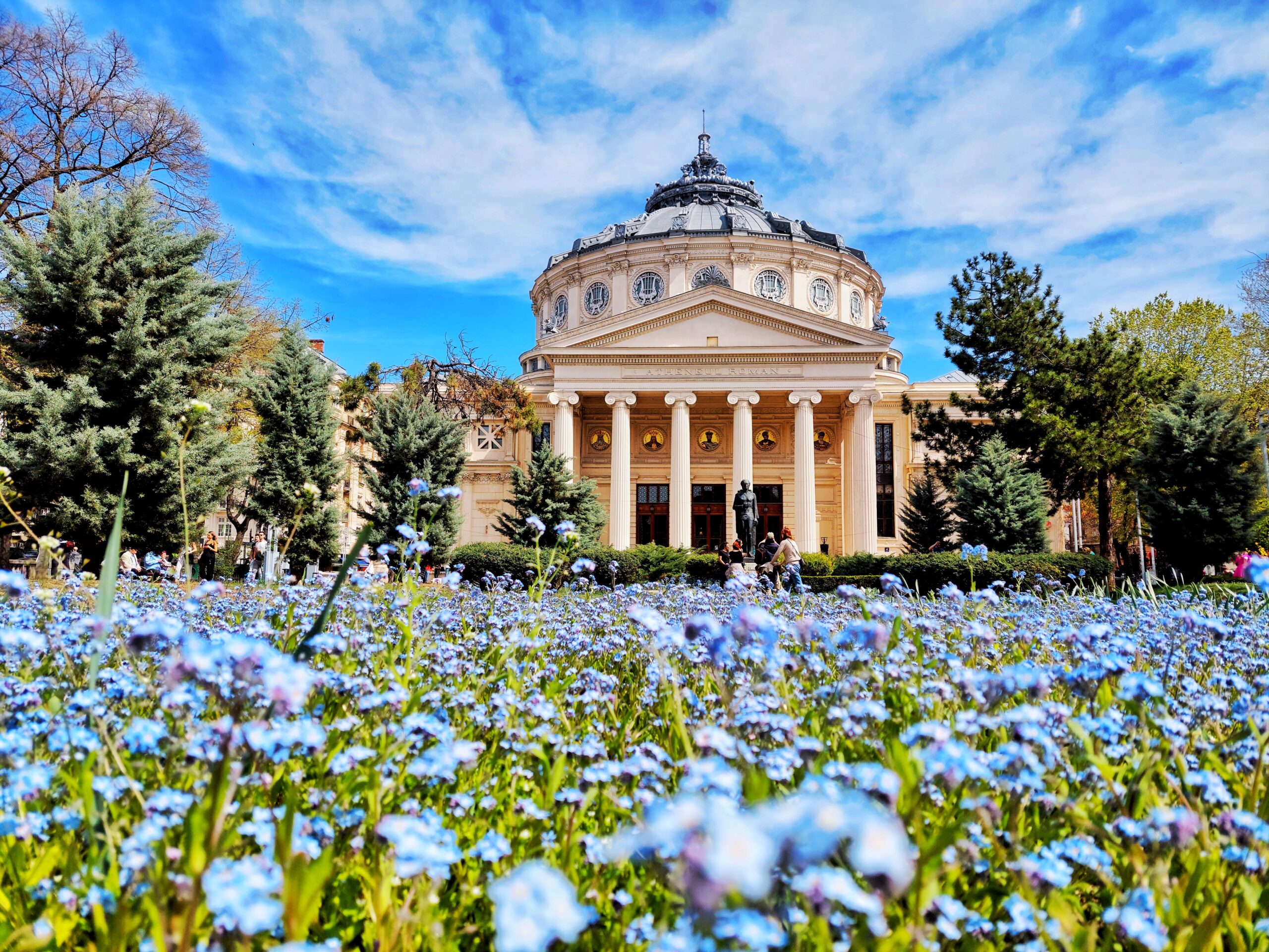 View of the Romanian Athenaeum during a Bucharest tour, showcasing its elegant neoclassical design.